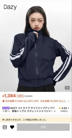Dazy ストライプ ジップアップパーカー ネイビー