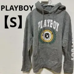 PLAYBOY 【S】フード付　ロゴプリント　グレーパーカー　裏起毛