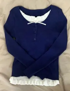 試着のみ ネイビー リブ編みニット 長袖トップス リボン ホワイト フリル付き