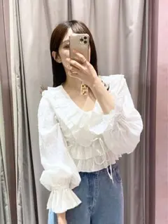 Heather アソートフリルブラウス 白　フリーサイズ