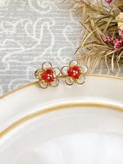 No.9 フラワーピアス　ピンク　ビーズ　お花　ピアス　イヤリング　クリア