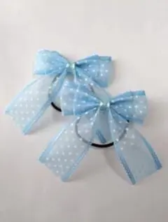 水色ドット柄リボンヘアゴム2個セット