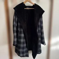 フリース内側 フード付きチェックロングコート