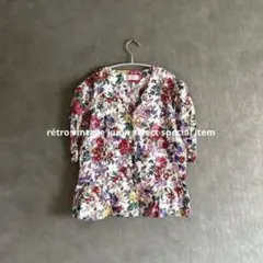 昭和レトロ花柄ブラウス　半袖シャツ　ヴィンテージシャツ　古着コーデ　レトロコーデ