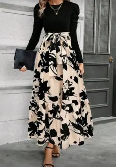 ベージュ×黒の花柄　長袖マキシワンピース　M
