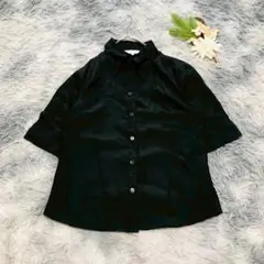 Pureba ピュレバ (L) ５分袖 カットソー スタンドカラー 無地 黒