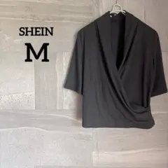 SHEIN 【M】ブラック ラップデザイン 五分袖 Tシャツ 黒 シンプル