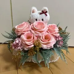 プリザーブドフラワー くま ピンク フラワーバスケット ハンドメイド ギフト プリザーブドフラワー くま ピンク フラワーバスケット ハンドメイド