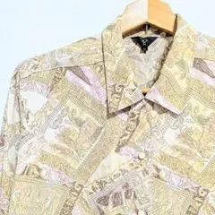 総柄シャツ 古着 レトロ 日本製 長袖 柄シャツ L ベージュ 幾何学柄 アート