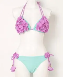 新品 ベネトン フラワー水着 ミント パープル 9号 お花 三角ビキニ