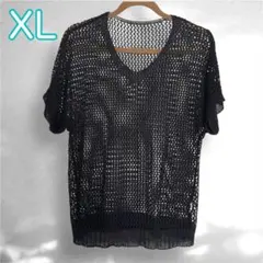 XL レディースサマーニット 透かし編み 黒トップス 重ね着 プルオーバー 試着
