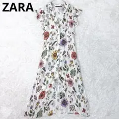 ZARA ワンピース　ベルト付き　花柄　フレアスリーブ　シェルボタン　2ポケット