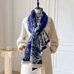 大判ストール カシミヤ調 バタフライ柄 ブルー エレガント ショール 膝掛け