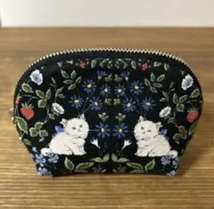 ねこ ミニラウンドポーチ キャットガーデン【黒✖️くすみグリーン】