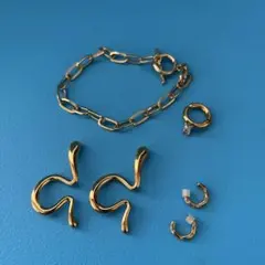 4つセットmukuサージカルステンレス ゴールドイヤーカフブレスレットイヤリング