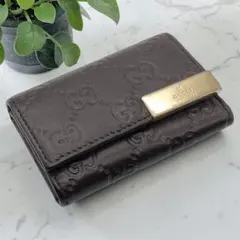 GUCCI・グッチ・キーケース・6連・シマレザー・ブラウン・ロゴプレート
