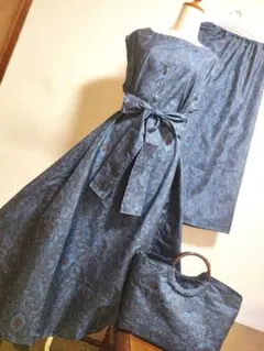 1886　大島紬リメイク☆Aラインロングワンピース+ガウチョパンツ＆リングバック