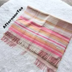AfternoonTea イタリア製暖色系チェック総柄フリンジ付き大判ひざ掛け