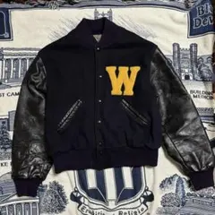 【人気配色】80s 90s スタジャン 短丈　レザー 袖 ウール リブ状態良し