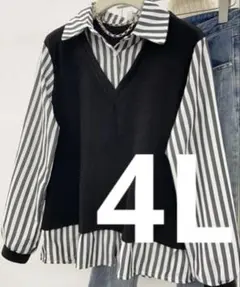 レディース 長袖 シャツ・ブラウス 重ね着風黒と白のストライプ4L 大きいサイズ