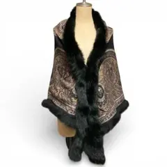 ファー　ショール　ストール　黒　ペイズリー柄　ウール　シルク混　フォックス　大判