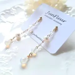 116* 淡水パールとクリスタルとガラスドロップ耳飾り(ホワイトオパール)