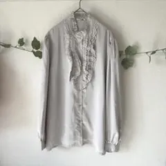 vintage 長袖ブラウス フリル レース 光沢 茶系