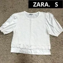 【ZARA】 メッシュ　 Tシャツ ホワイト　白 パフスリーブ