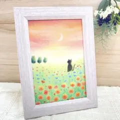 風景画 原画 猫 お花畑 三日月 夕焼け パステル アート 絵画 ハンドメイド