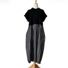 ichi イチ　ドッキングワンピース　丸襟　フレア　ストライプ　フレンチスリーブ