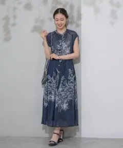 キャサリンロス　ボタニーク花柄プリントワンピース　ベルト付　フェミニン　上品