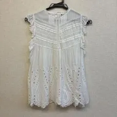 ZARA ホワイトコットン　刺繍ノースリーブトップス