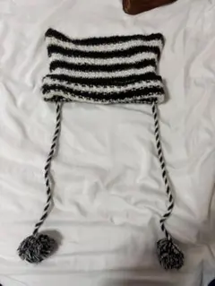 ストライプニット帽 ポンポン付き 猫耳