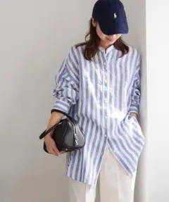 【美品】ストライプフレンチリネンチュニックシャツ