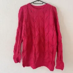 透かし編み 長袖ニット セーター レッド レディース 【M〜L】