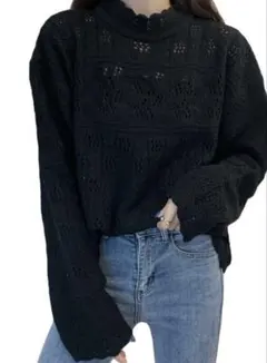 レース編み 黒 長袖ニット Mサイズ