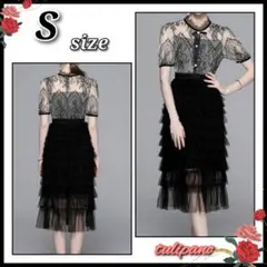 新品 クラシカルレース リボン ドレス シアー  黒 結婚式 パーティ S