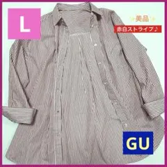 GU ストライプオーバーサイズシャツ L レッド 赤 白 ストライプ