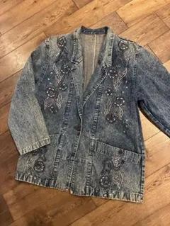 刺繍入りデニムジャケット テーラード ペイズリー 古着 Y2K レトロ
