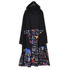 M~L イラストプリント フーディ ワンピース 長袖 レディース/ブラック