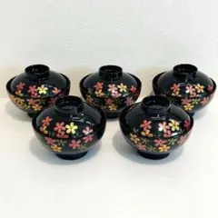 【 会津塗 天然木加工品 春秋蒔絵 蓋付き汁椀揃え ５客 美品 】のサムネイル