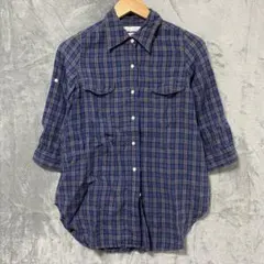 【L1109】 鎌倉シャツ チェックリネンシャツ サイズXS ブルーのサムネイル