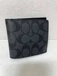 美品◎COACH コーチ 二つ折り財布 シグネチャー オールレザー ブラック