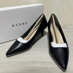 未使用級　RANDA 22.5cm グリッターピースヒールパンプス ブラック　黒