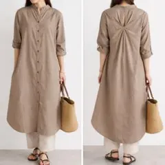 オハコ バンドカラーシャツワンピース ベージュ コットン ロング 羽織り M相当