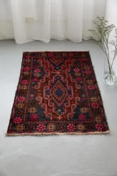 ヴィンテージラグ　バルーチ族　トライバルラグ（140×83cm）紺　赤　茶