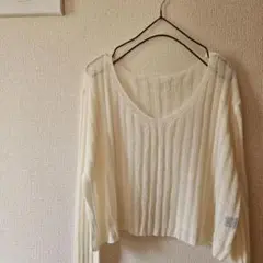美品✨[SHEIN] 長袖透かし編み ニット Vネック ホワイト