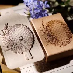 大判　木製スタンプ　花窓　コラージュ　はんこ　レトロ　フレーム