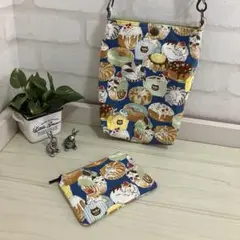 ❤️ねこちゃんスイーツが可愛いサコッシュバックとポーチ＊オックス＊ブルー＊