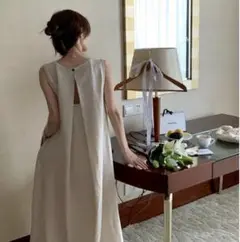 体型カバー　ワンピース　ロング　ノースリーブ　バックオープン　シンプル　痩せ見え